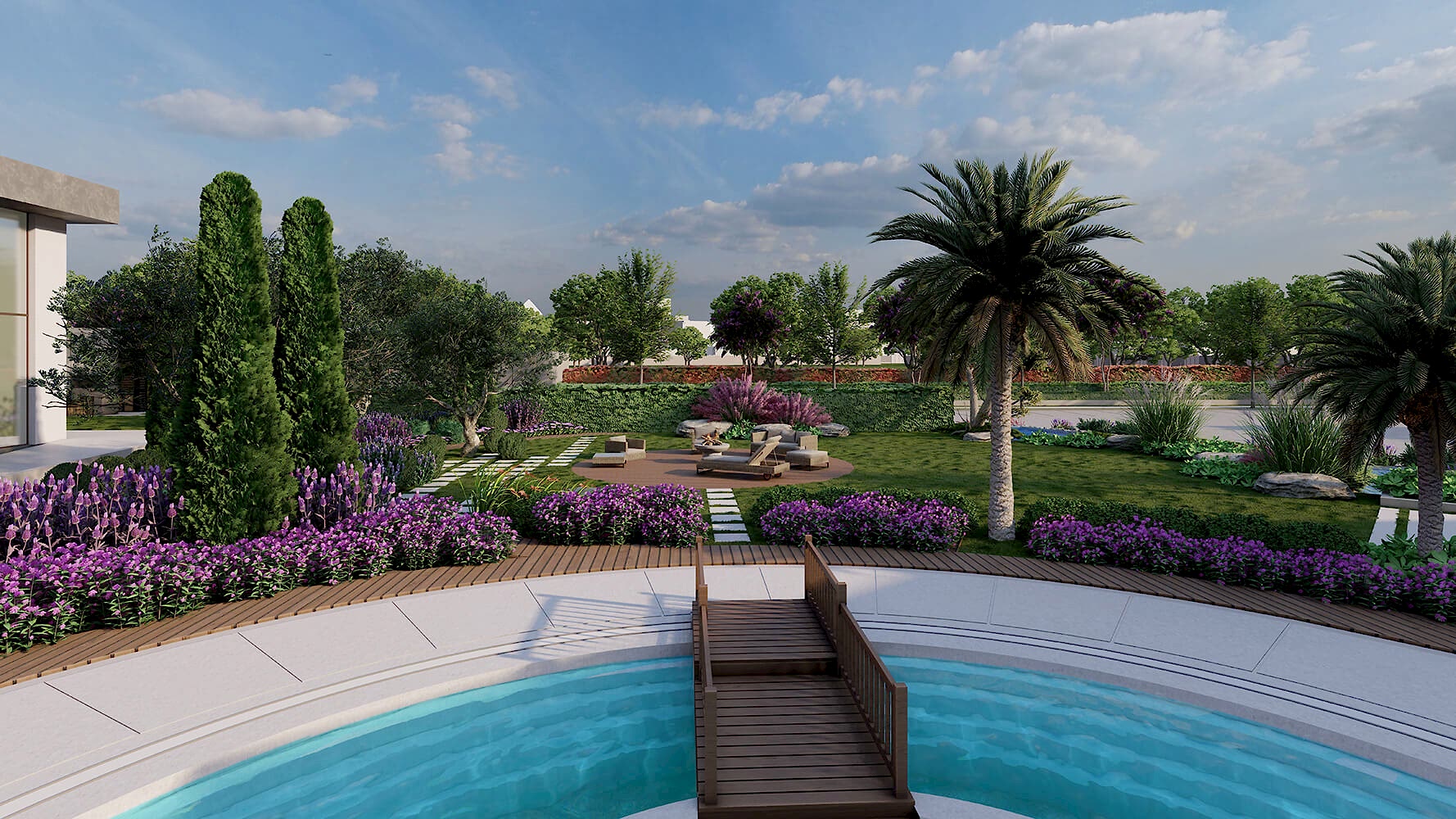 Beytepe’de, üniversite kampüslerine yakın konumda, çevresi ağaçlarla çevrili modern villalar ve arka planda kampüs binaları.